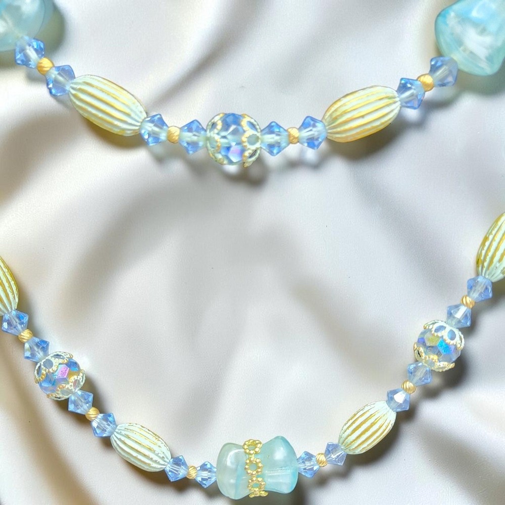 Vintage Mid Century Aqua Glass & Crystal 33" Necklace - Picture 4 of 11